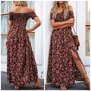 New Boho Smocked Floral Maxi Dress Split Leg Long Off Shoulder Brown